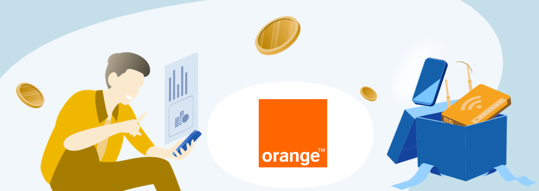 homme avec téléphone et graphique, pièces et carton avec box et mobile et logo orange