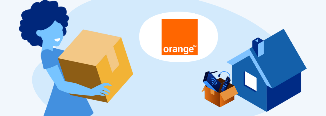 femme transportant un carton maison avec carton d'équipements fibre et logo orange