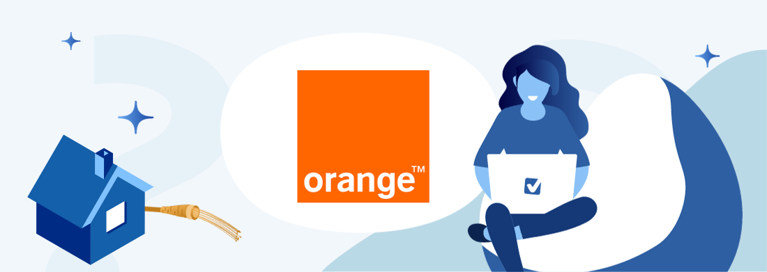 femme avec ordinateur logo orange maison câble fibre