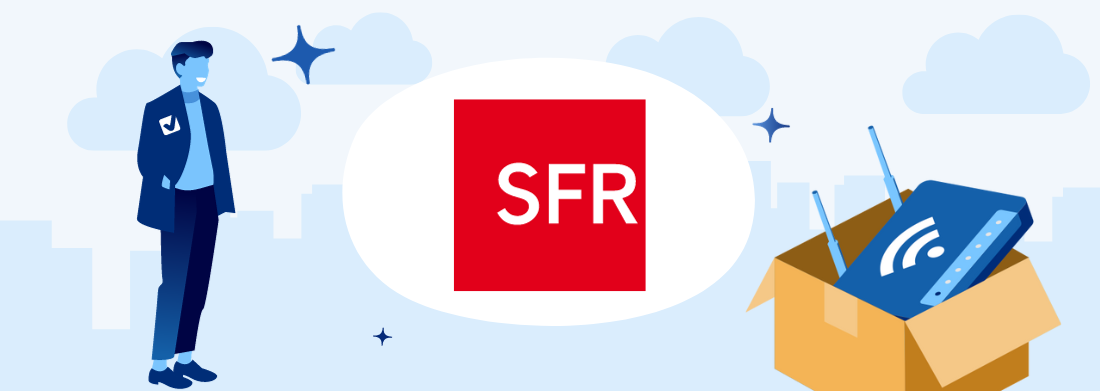 homme caisse avec équipements fibre et logo sfr