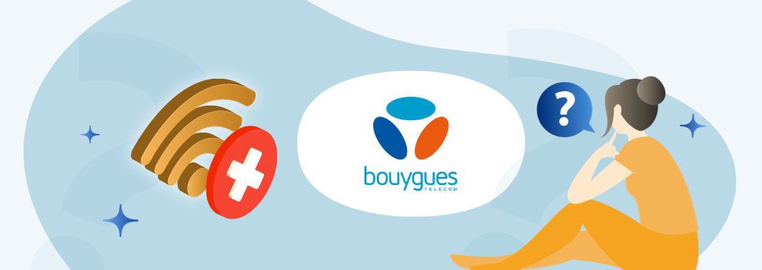 femme s'interrogeant logo bouygues et symbole wifi avec croix