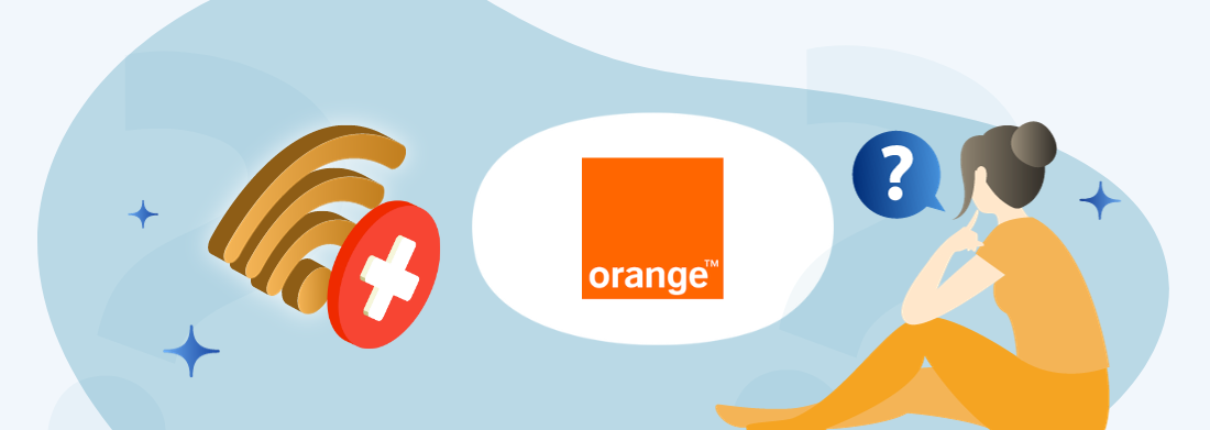 symbole wifi avec croix logo orange et femme s'interrogeant