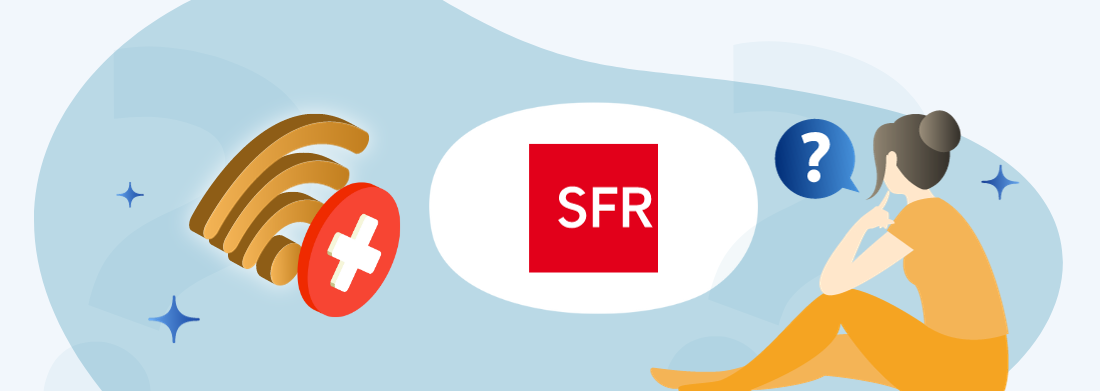 symbole wifi avec croix logo sfr et femme s'interrogeant