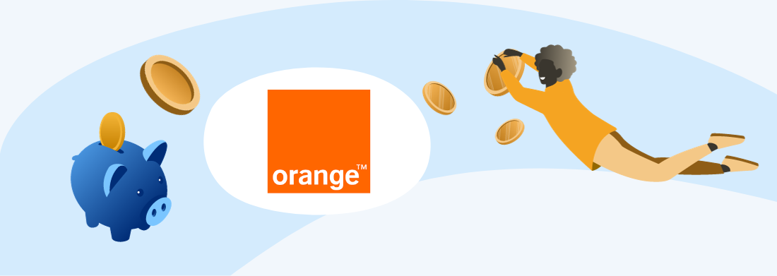 femme tenant une pièce, tirelire et logo orange