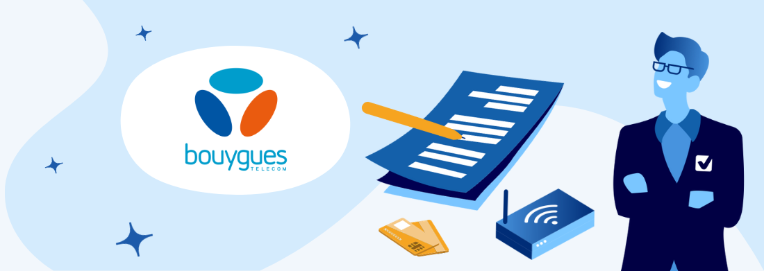 contrat carte bleue et box, homme et logo bouygues