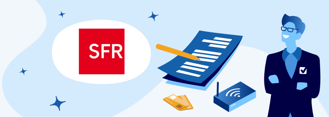 contrat carte bleue et box, homme et logo sfr