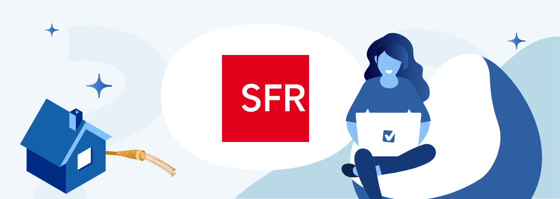 femme avec ordinateur logo sfr maison câble fibre