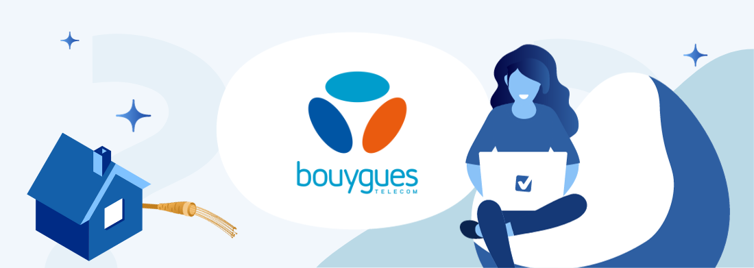 femme avec ordinateur logo bouygues maison câble fibre