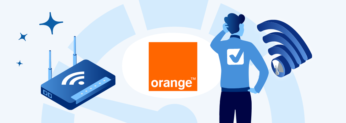 homme avec symbole wifi et test de débit et box fibre avec logo orange au centre