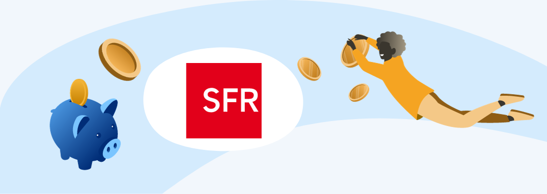 tirelire avec pièces qui s'envolent, logo SFR et femme tenant une pièce de monnaie