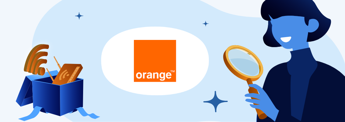 boîte avec équipements fibre logo orange et femme avec loupe