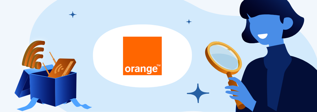 logo orange, femme avec loupe et carton avec équipements fibre