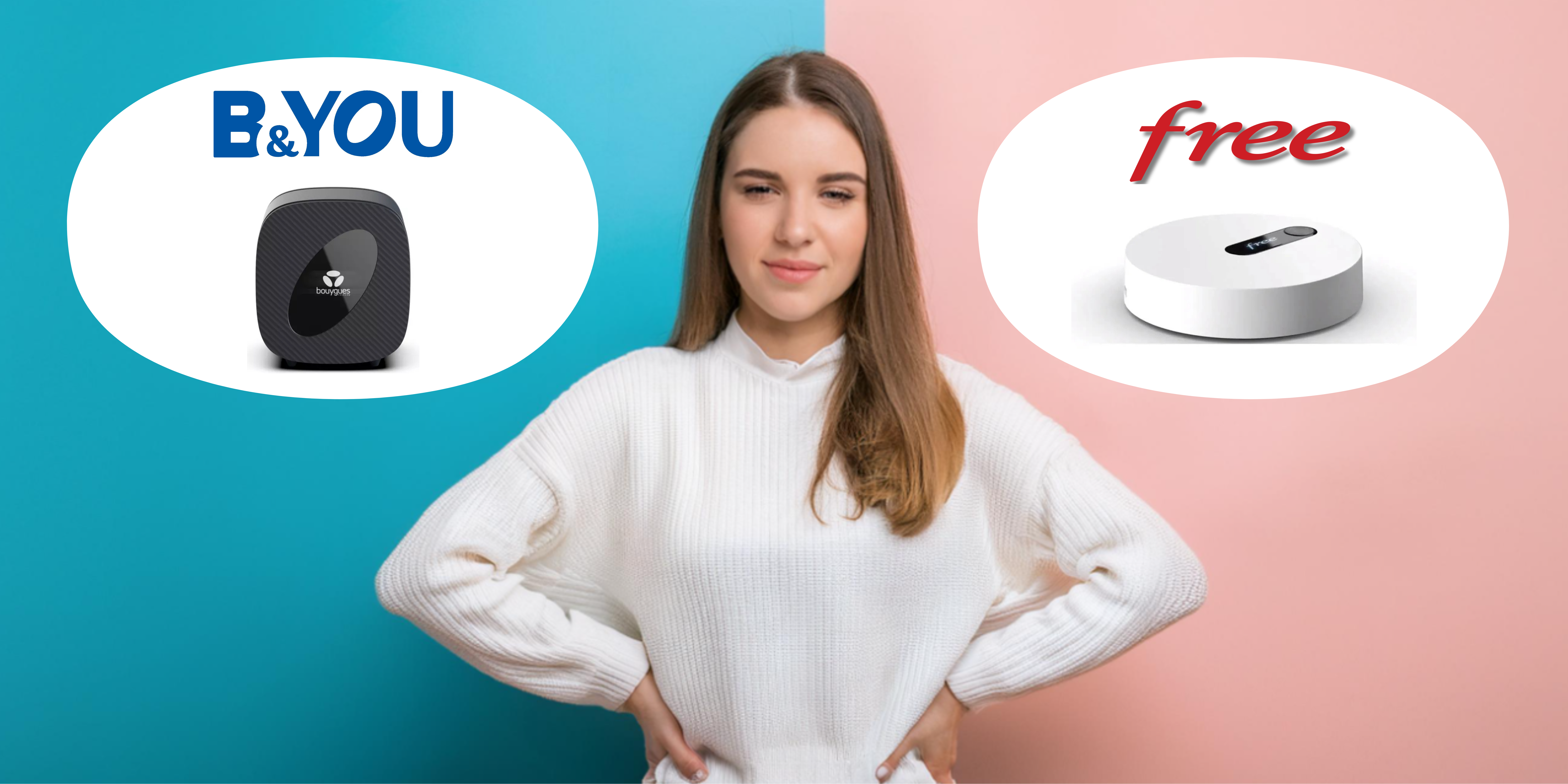 femme hésitant entre la freebox pop s et la b&you pure fibre