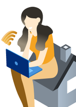 femme avec ordinateur sur maison et connexion wifi