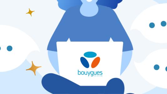 femme avec ordinateur logo bouygues et bulles de conversation