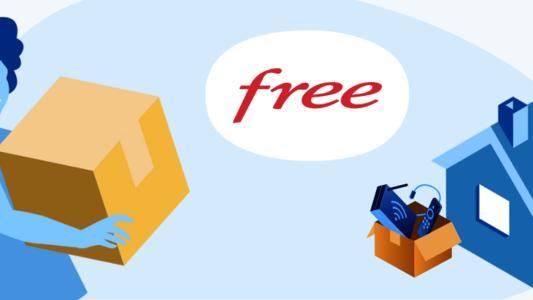 femme transportant un carton maison avec carton d'équipements fibre et logo free