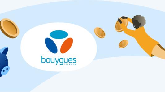 femme tenant une pièce, tirelire et logo bouygues