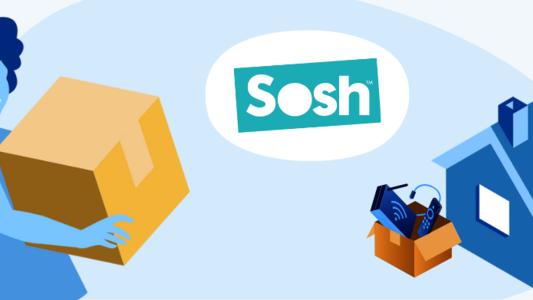 femme transportant un carton maison avec carton d'équipements fibre et logo sosh