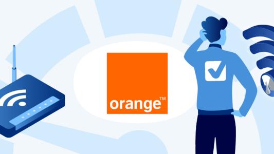 homme avec symbole wifi et test de débit et box fibre avec logo orange au centre