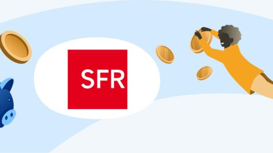 tirelire avec pièces qui s'envolent, logo SFR et femme tenant une pièce de monnaie