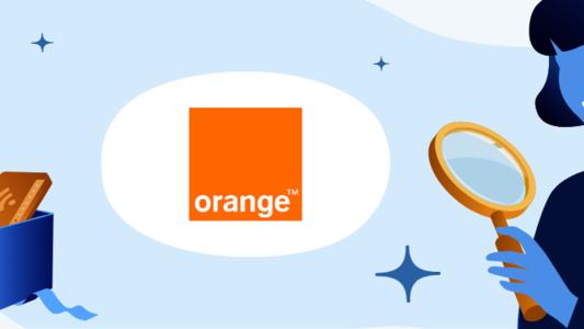 logo orange, femme avec loupe et carton avec équipements fibre